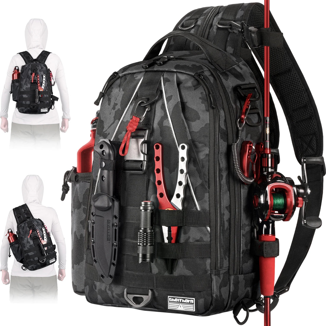 Heavy Duty Fishing Backpack Sling Bag – Multi-Compartment Tackle Storage Bag with Rod Holder