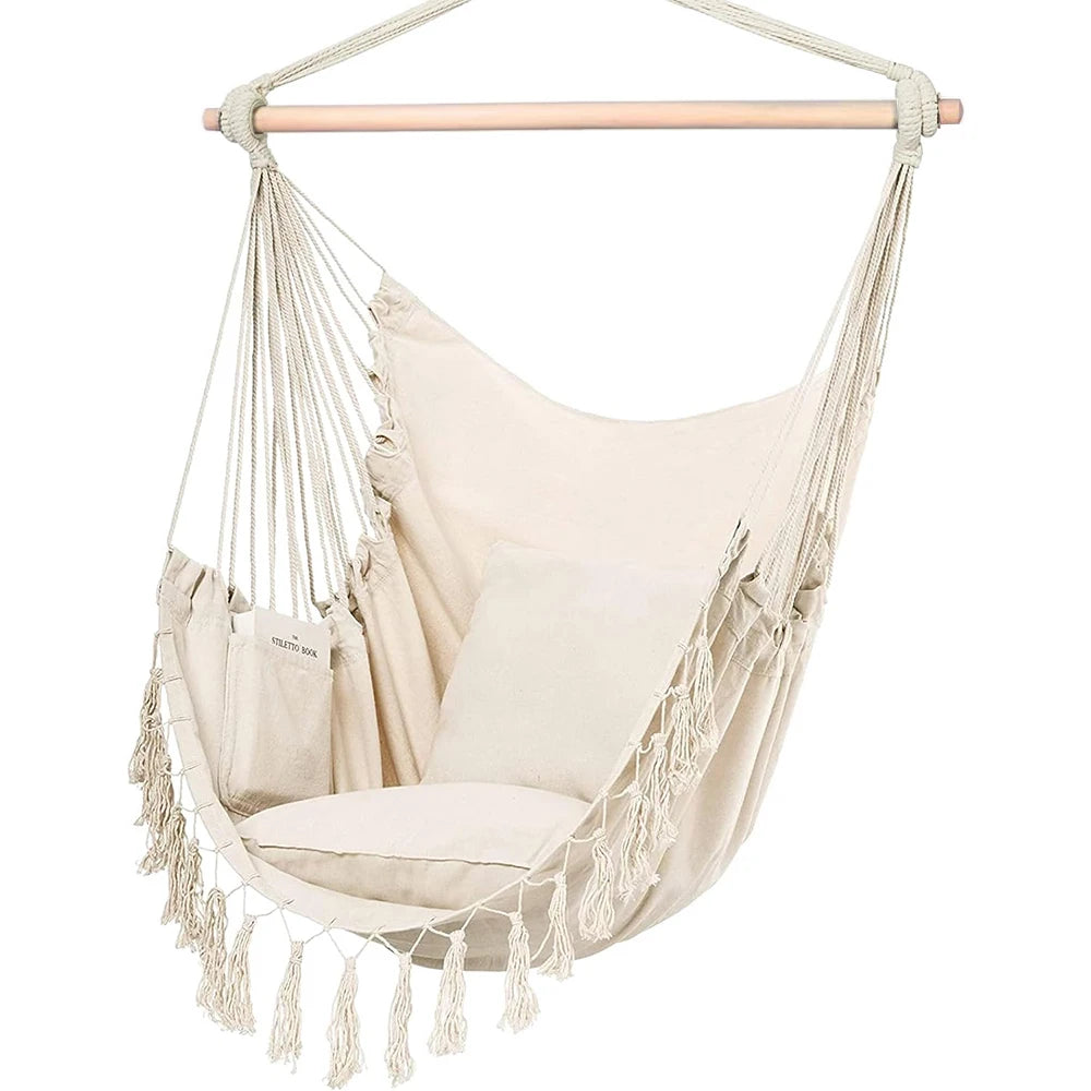 Heavy Duty Macrame Hanging Chair with Cushions (500lb Capacity) – Indoor/Outdoor Cotton Rope Swing Chair with Pocket