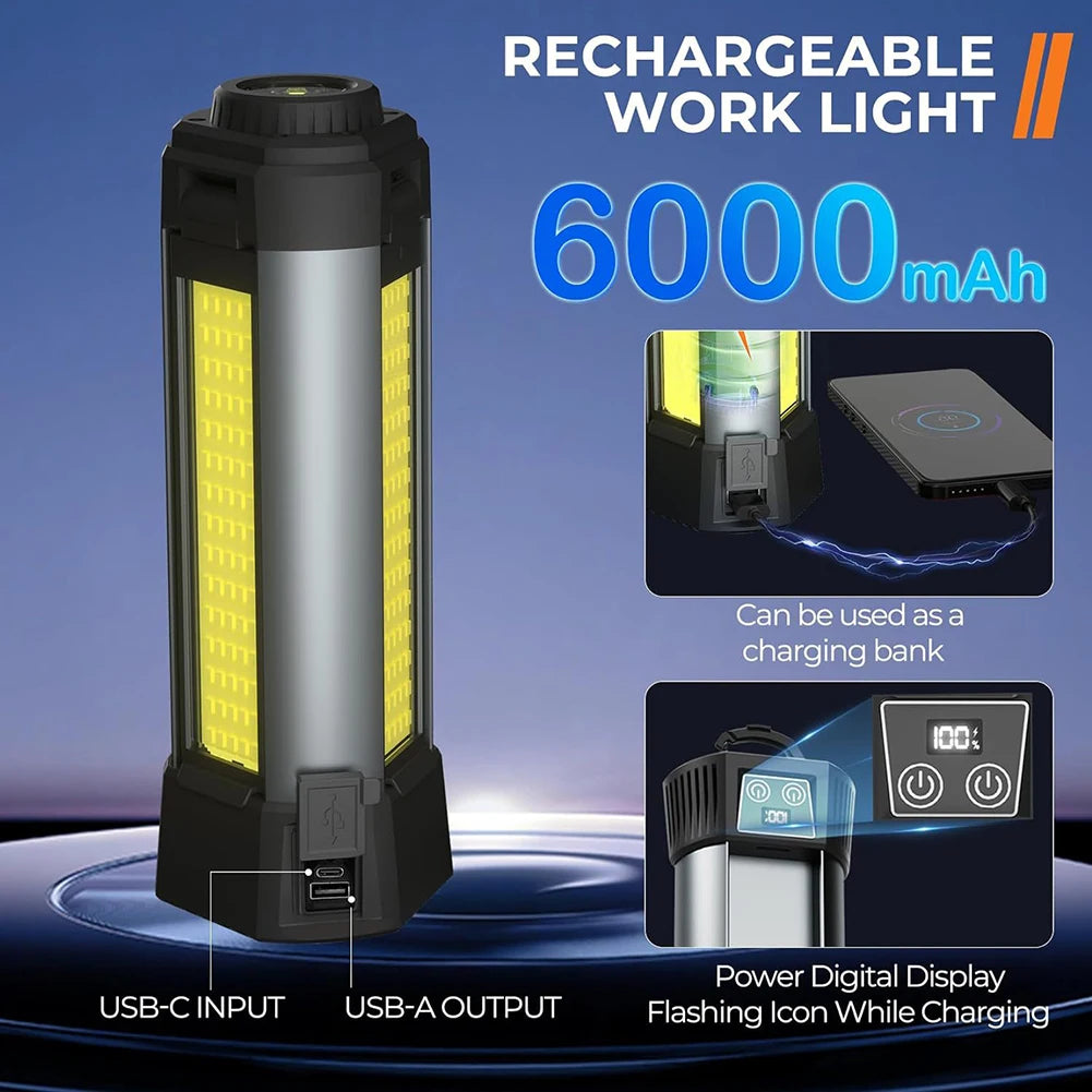 6000mAh LED Work Light Rechargeable Cordless Work Light with COB Construction Light Telescopic for Outdoor Camping