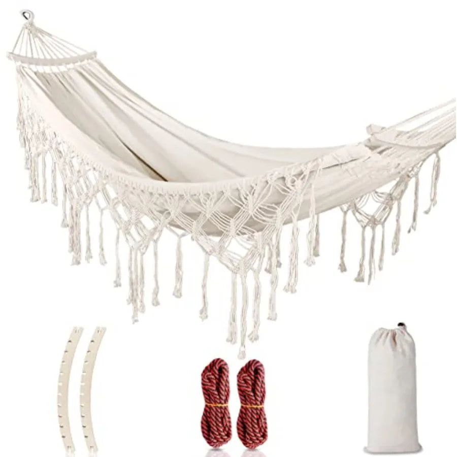 Boho Heavy Duty Canvas Hammock with Tassels (500lb Capacity) – Stylish Outdoor Hammock for Patio & Garden