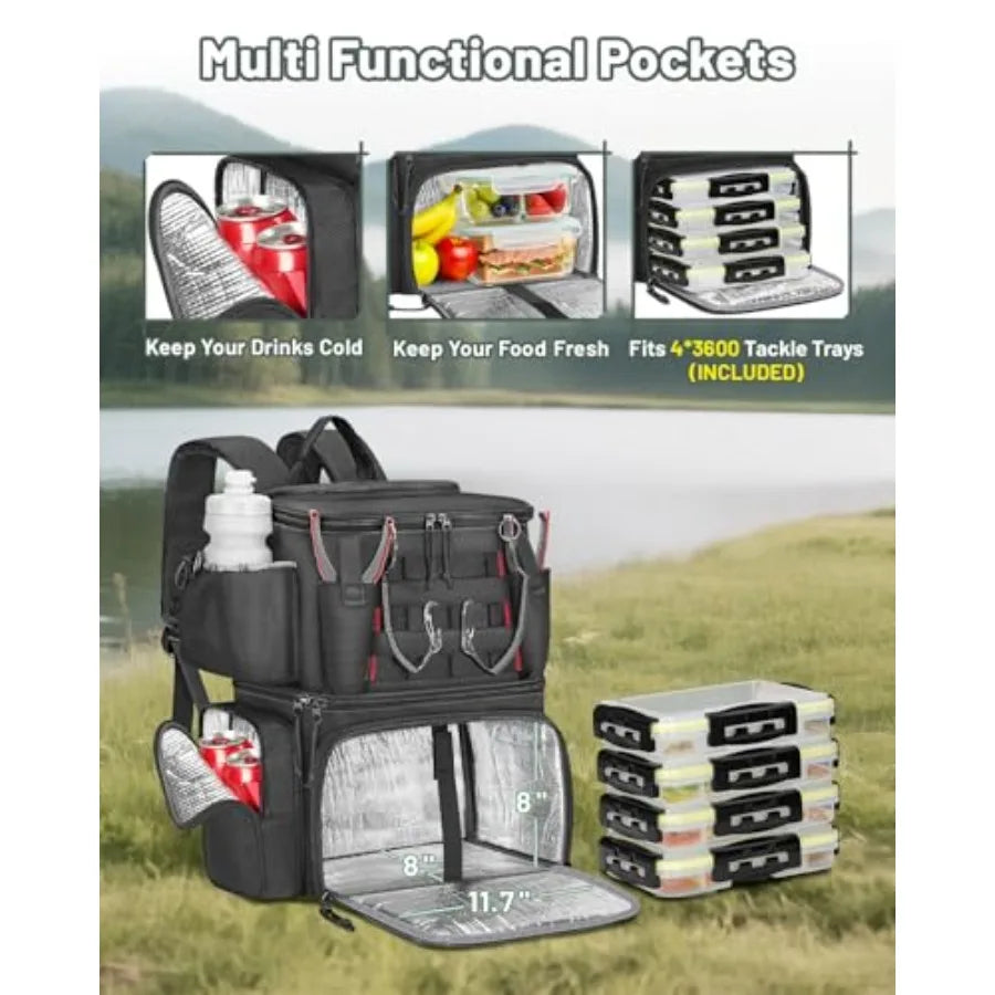 Fishing Backpack with 4 Tackle Boxes Fishing Bag with Rod Holder and Safety Compass and Cooler Gifts for Fishermen