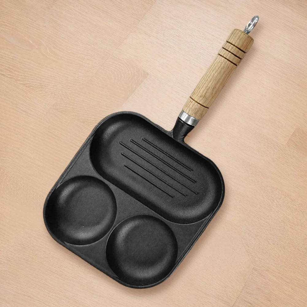 Cast Iron 3-in-1 Egg Frying Pan – Nonstick Breakfast Cooker for Gas & Induction Stoves