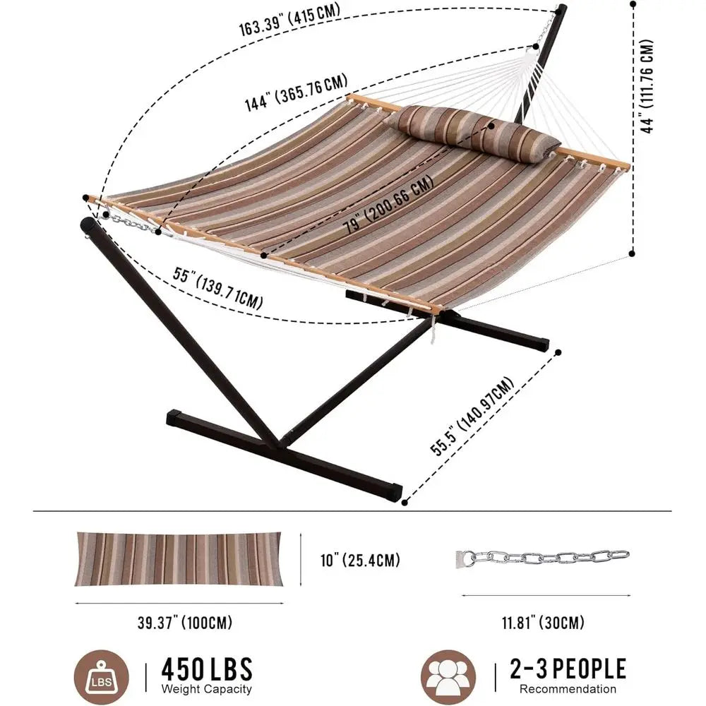 Quilted Double Hammock with Stand for Outdoor Use