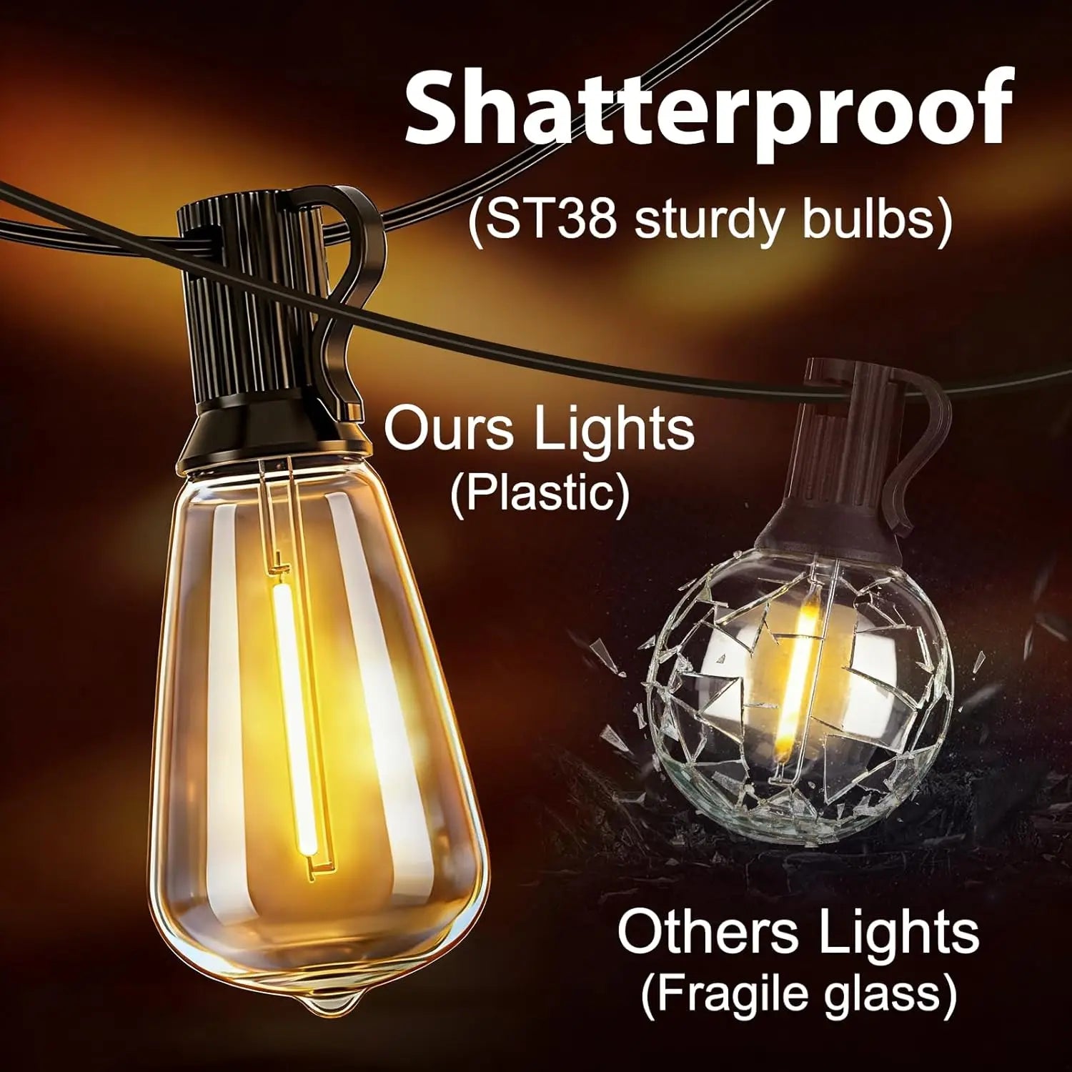 Up To 100FT ST38 LED Outdoor String Lights, Waterproof Shatterproof Connectable US Plug Patio Lamps for Garden, Balcony, Porch