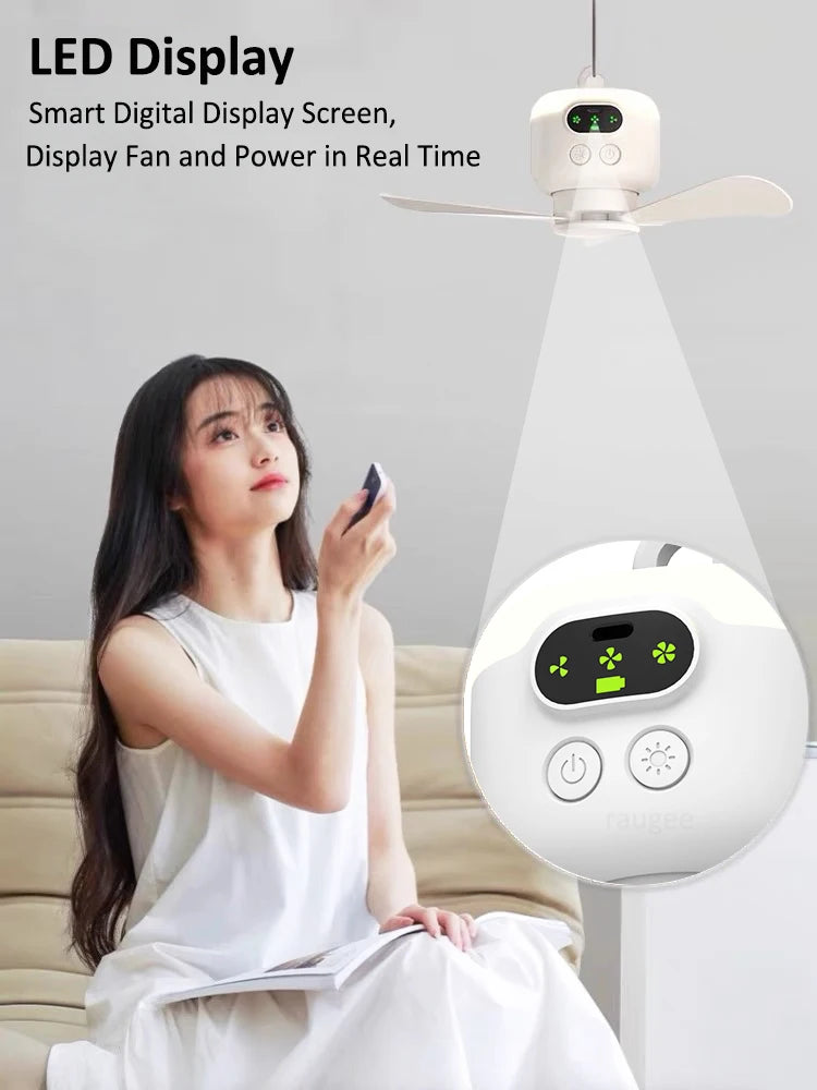 Portable Camping Tent Fan with LED Light – 8000mAh Rechargeable Ceiling Fan with Remote Control