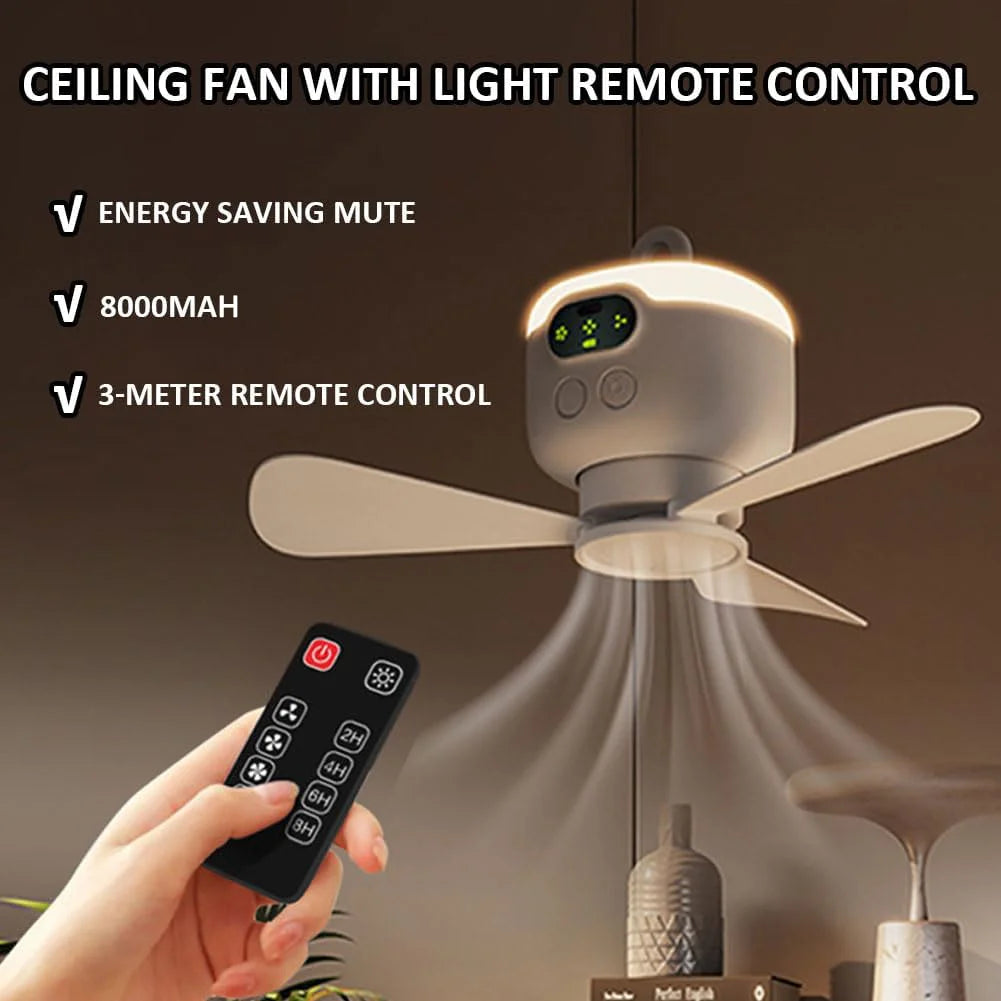 Portable Camping Tent Fan with LED Light – 8000mAh Rechargeable Ceiling Fan with Remote Control