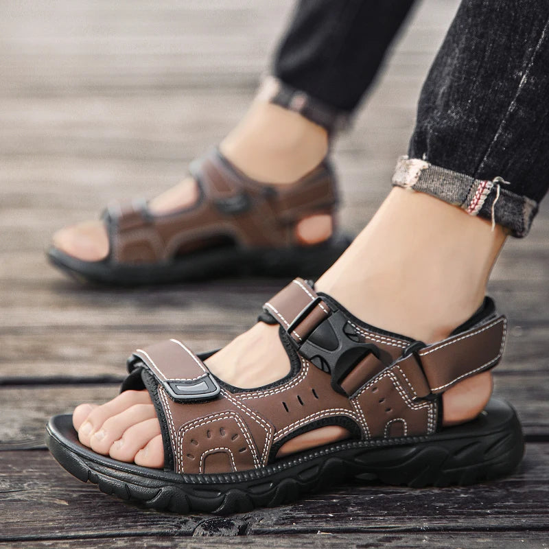 Men's Leather Hiking Sandals Lightweight Beach Walking Shoes