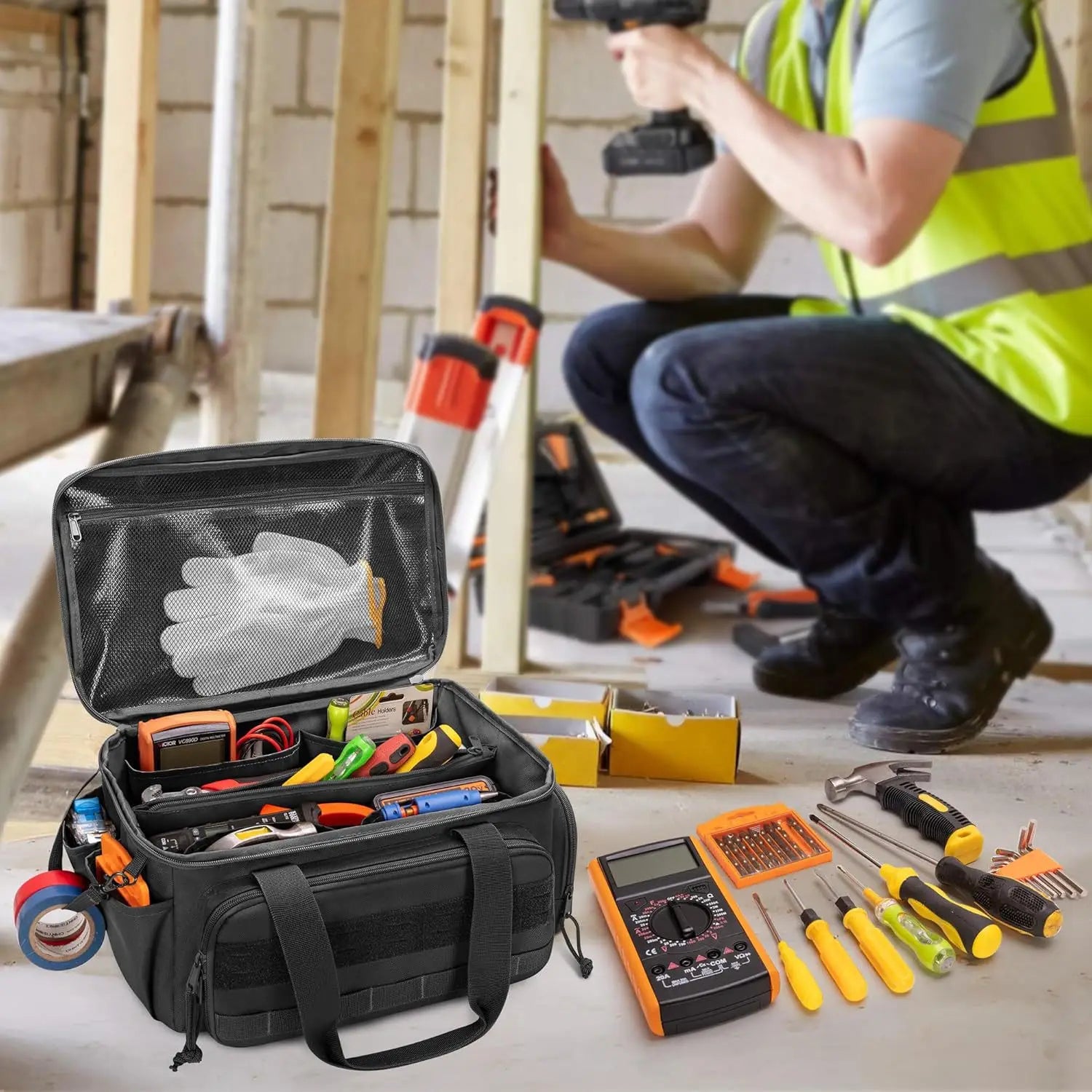Heavy Duty Multi-Pocket Tool Bag – Wide Opening Outdoor Storage Bag for Tools & Gear