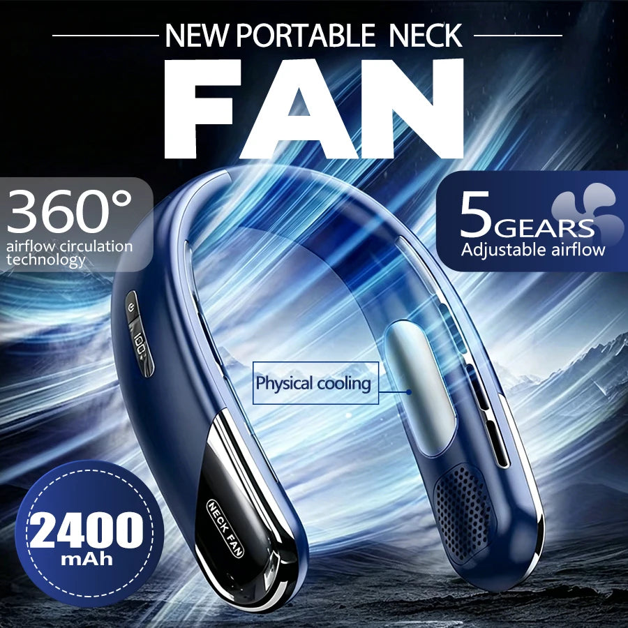 Wearable Neck Fan with LED Display – 360° Portable Cooling Fan, 5 Speeds & Low Noise Design