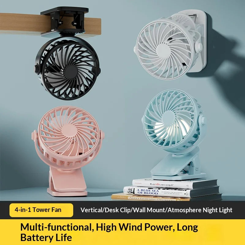 Portable Rechargeable Clip Fan – 720° Rotating Hanging Fan with Night Light for Camping & Outdoor Use