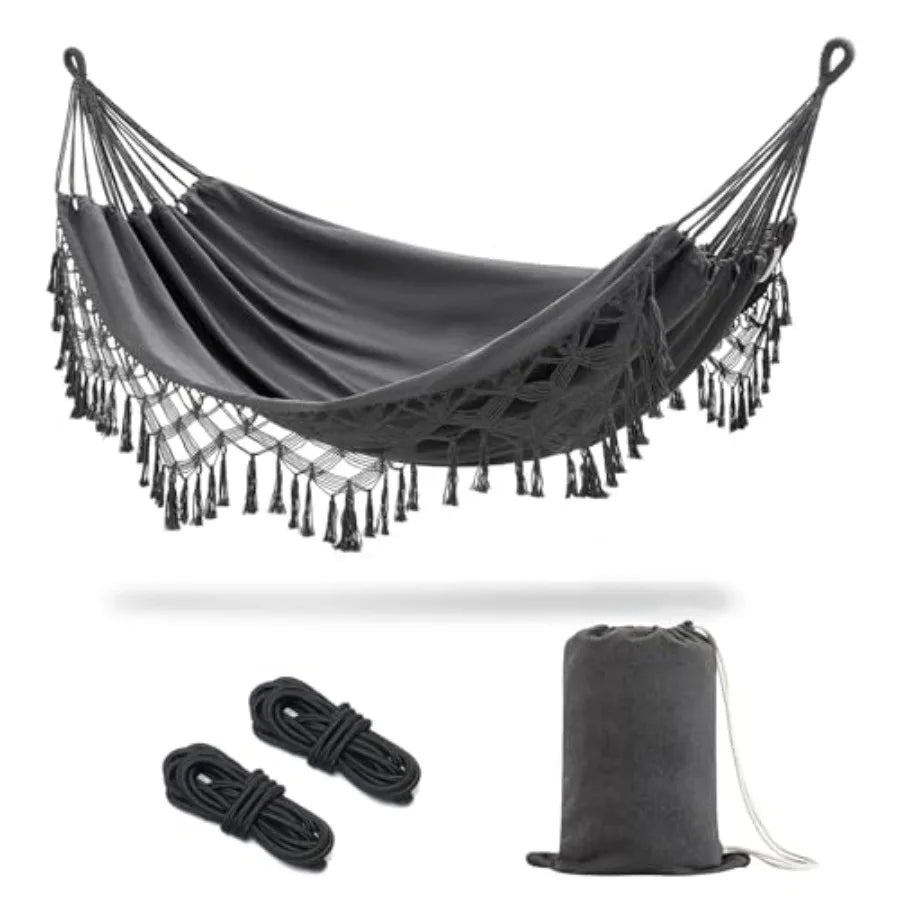 Boho Macrame Double Hammock (450lb Capacity) – Heavy Duty Cotton Rope Outdoor Hammock for Patio & Backyard