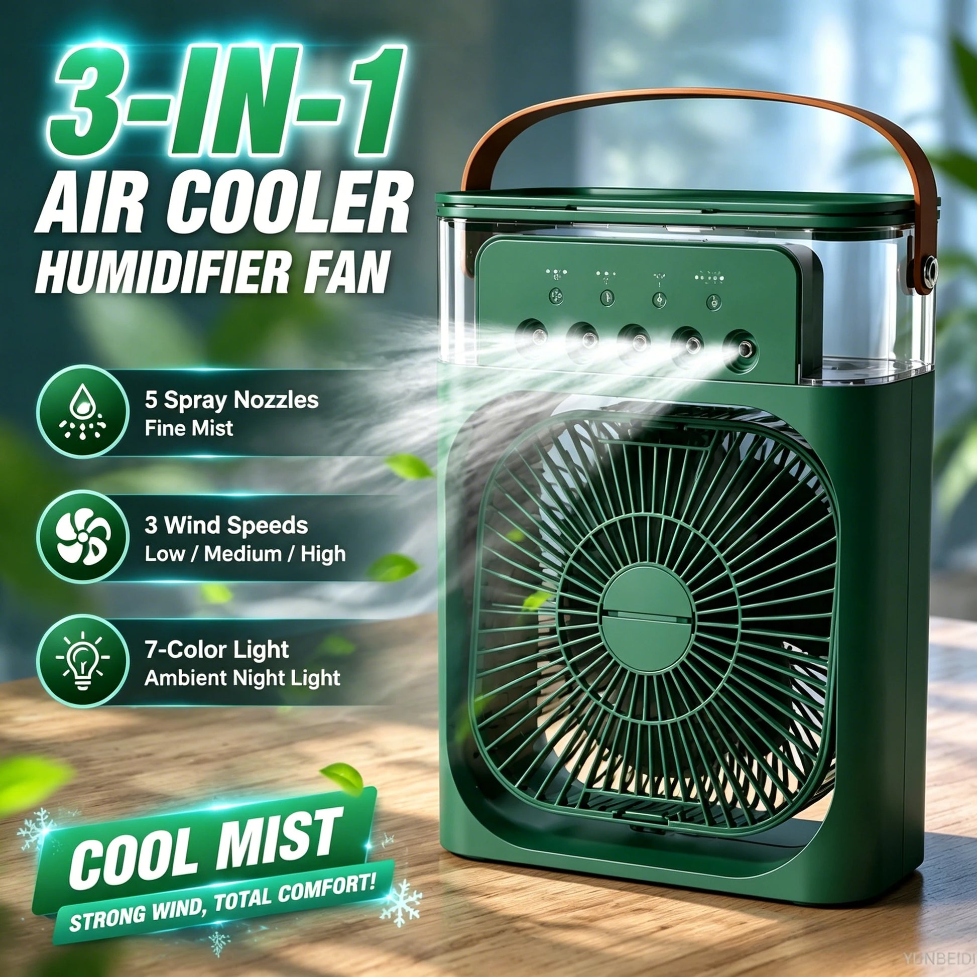 3-in-1 Portable Air Cooler Fan – LED Light, Humidifier & Water Spray Fan for Travel