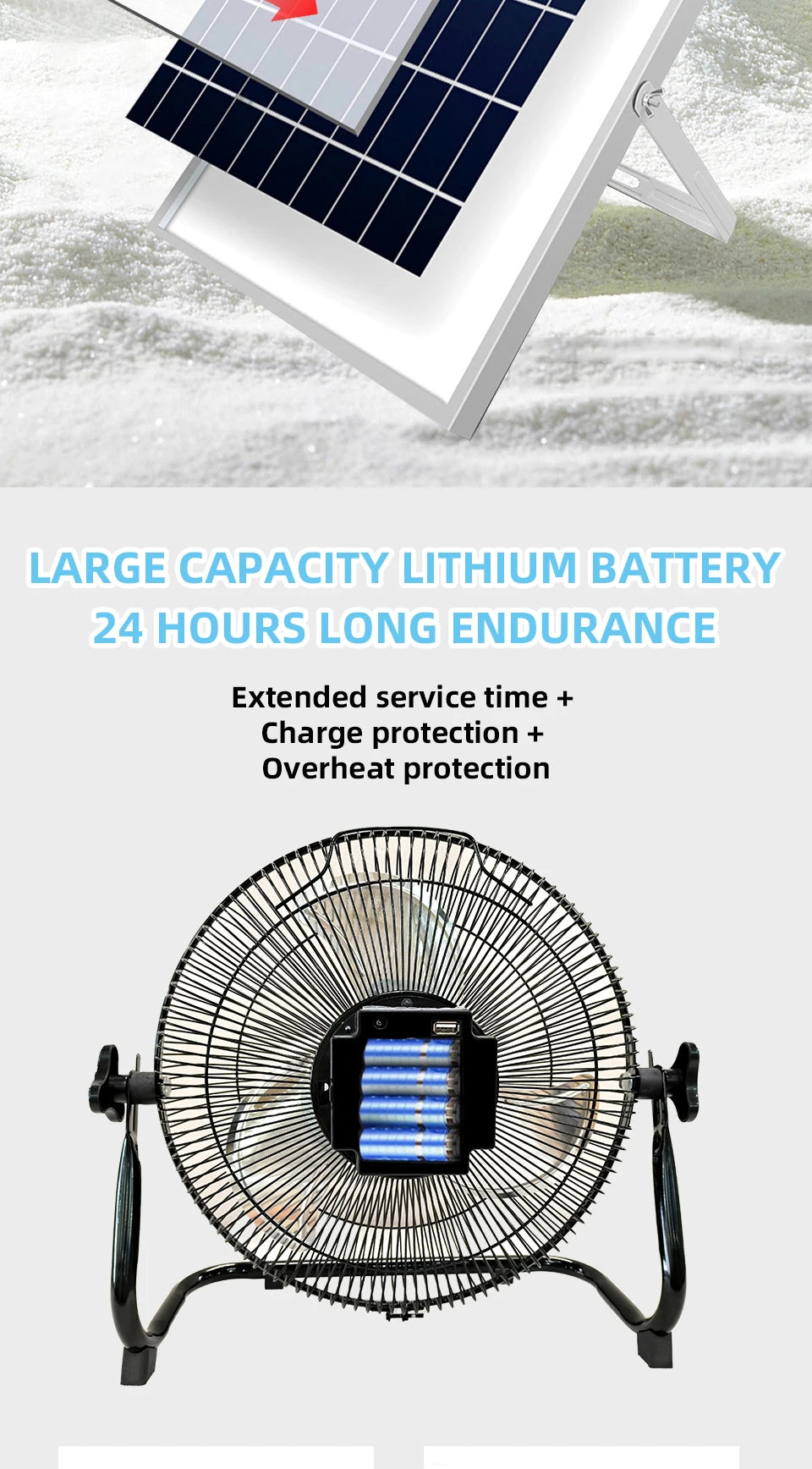 Battery Operated Solar Fan – Portable Indoor & Outdoor Fan with USB Phone Charging Output