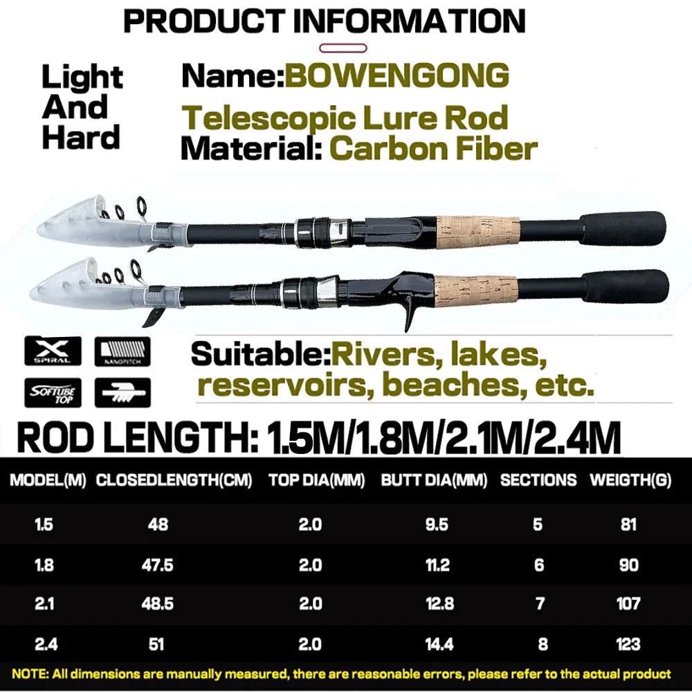 Ultra Lightweight Telescopic Baitcasting Fishing Rod – Carbon Fiber Spinning & Casting Rod with Wooden Handle