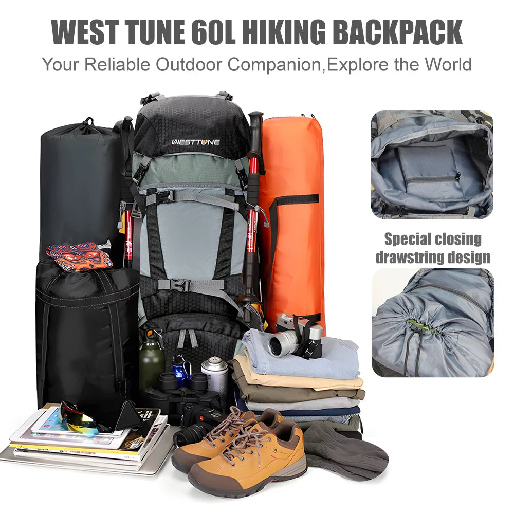 WESTTUNE 60L Explorer Internal Frame Backpack with Rain Cover