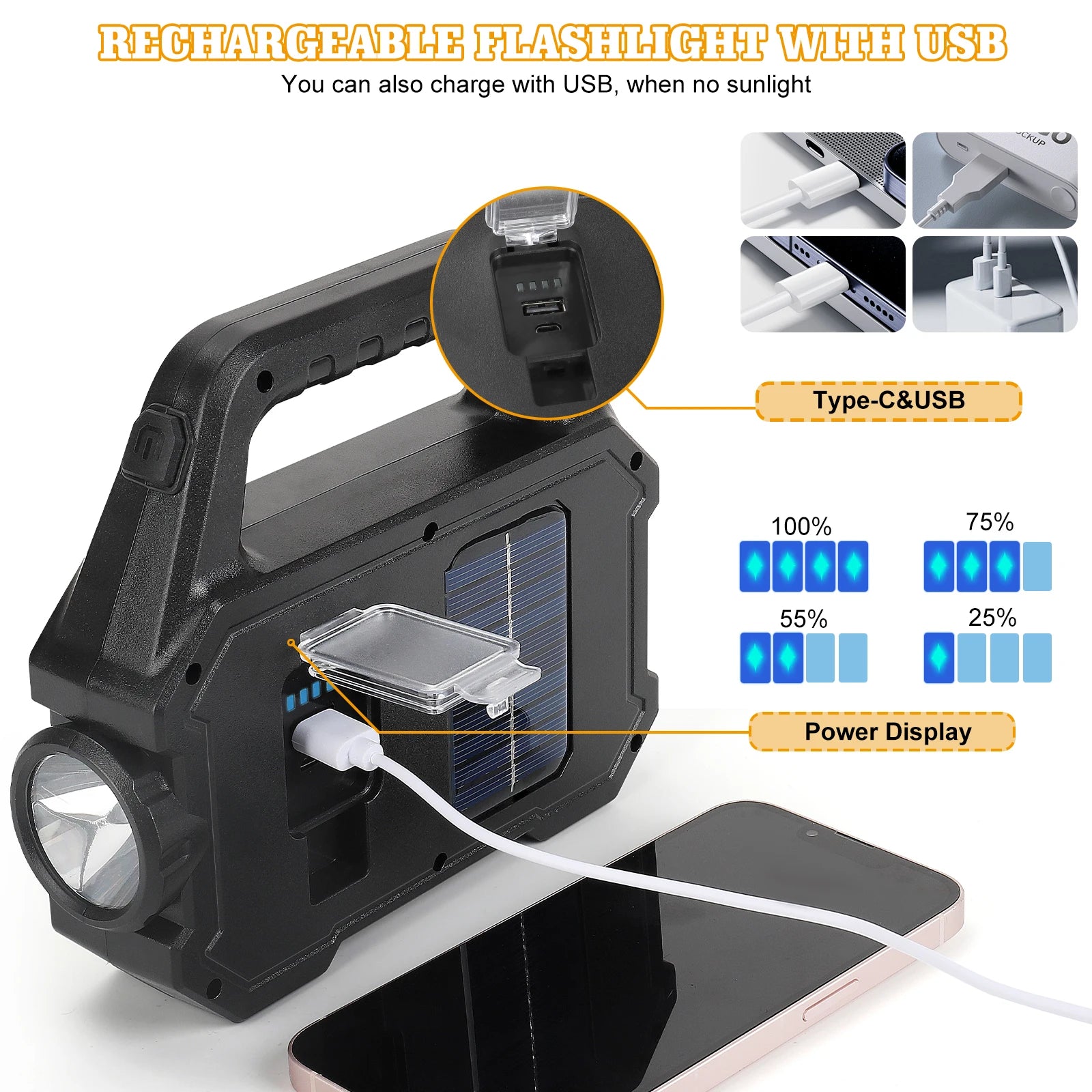 2000LM Solar-Powered LED Flashlight - Waterproof 6 Modes