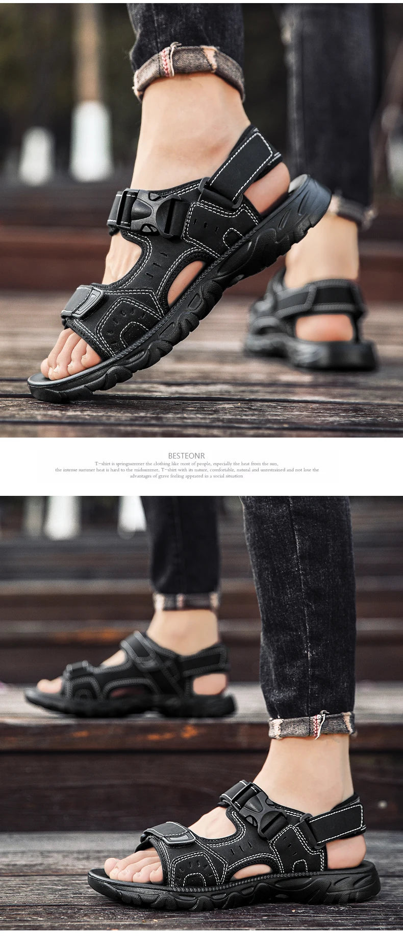 Men's Leather Hiking Sandals Lightweight Beach Walking Shoes