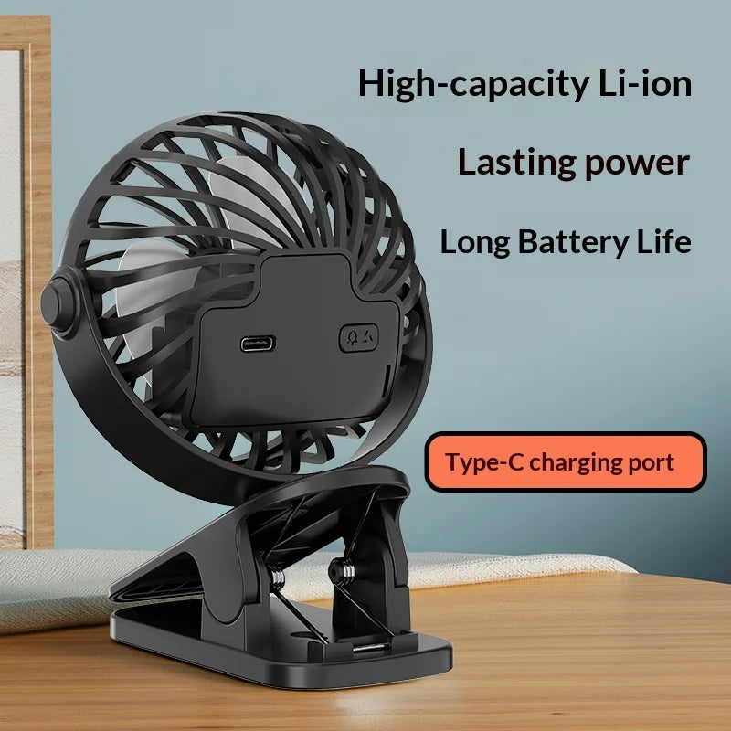 Portable Rechargeable Clip Fan – 720° Rotating Hanging Fan with Night Light for Camping & Outdoor Use