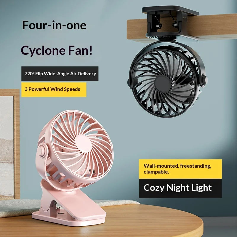 Portable Rechargeable Clip Fan – 720° Rotating Hanging Fan with Night Light for Camping & Outdoor Use