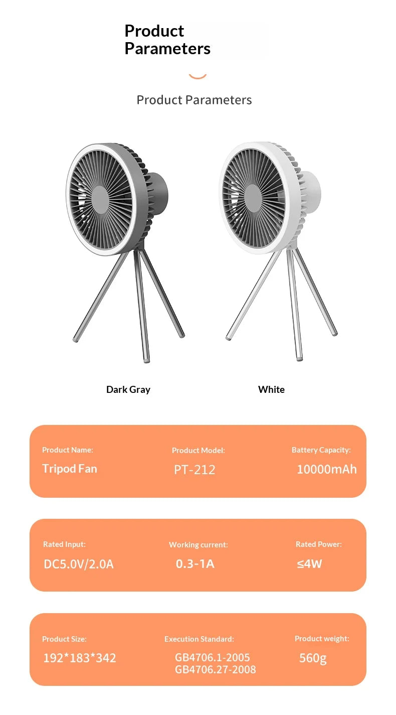 HOMEFISH Rechargeable Camping Fan – Wireless Ceiling & Desktop Fan with LED Light and Power Bank