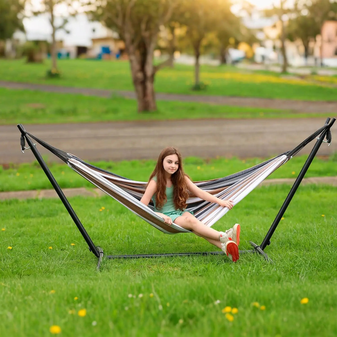 Heavy Duty Double Camping Hammock with Steel Stand (450lb Capacity) – Portable Outdoor Hammock with Carry Bag & Anti-Roll Design