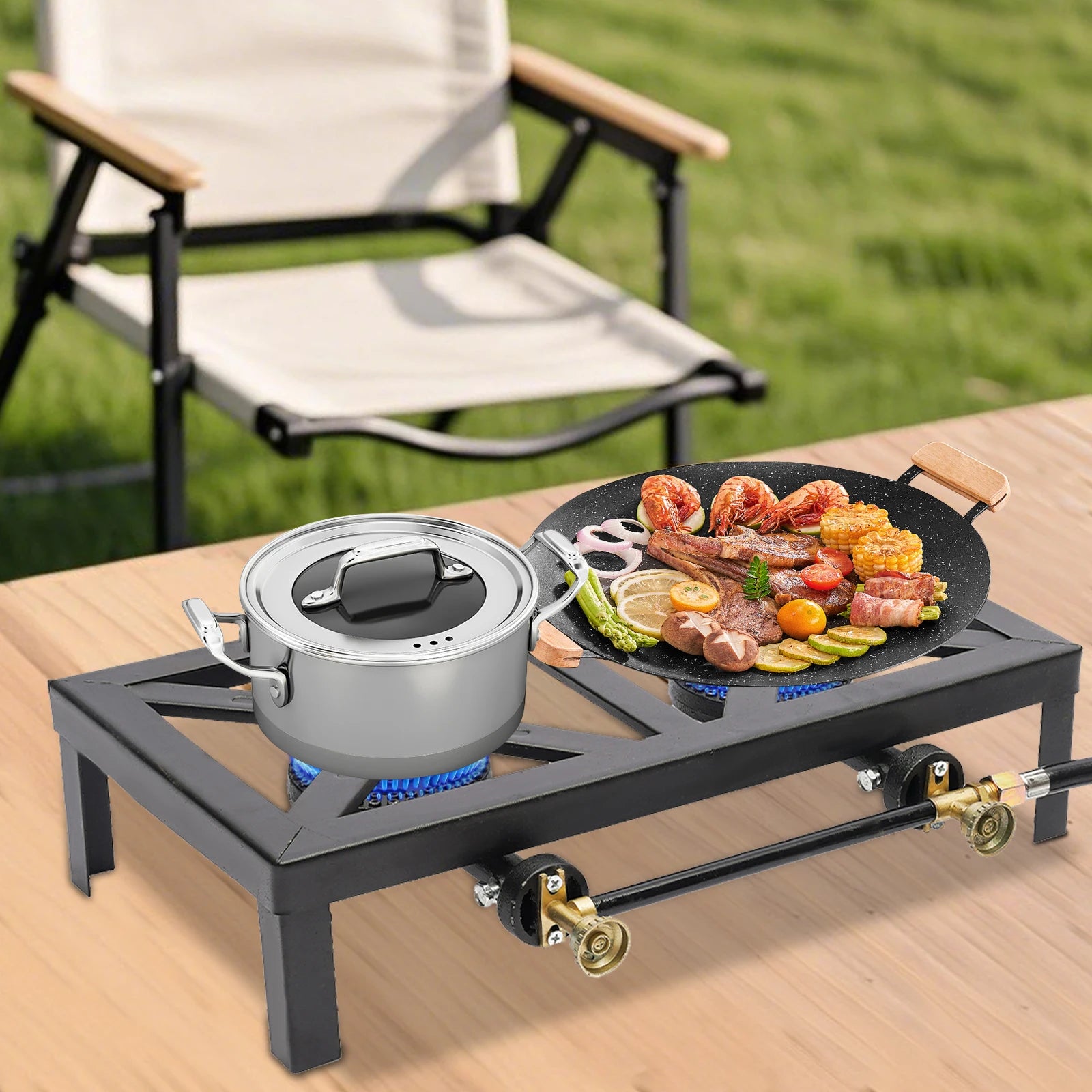 Portable Double Burner Gas Stove – Adjustable Regulator for Camping & BBQ | Field to Peak.