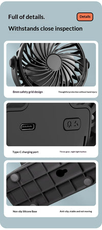 Portable Rechargeable Clip Fan – 720° Rotating Hanging Fan with Night Light for Camping & Outdoor Use
