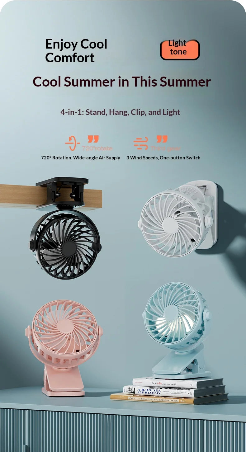 Portable Rechargeable Clip Fan – 720° Rotating Hanging Fan with Night Light for Camping & Outdoor Use