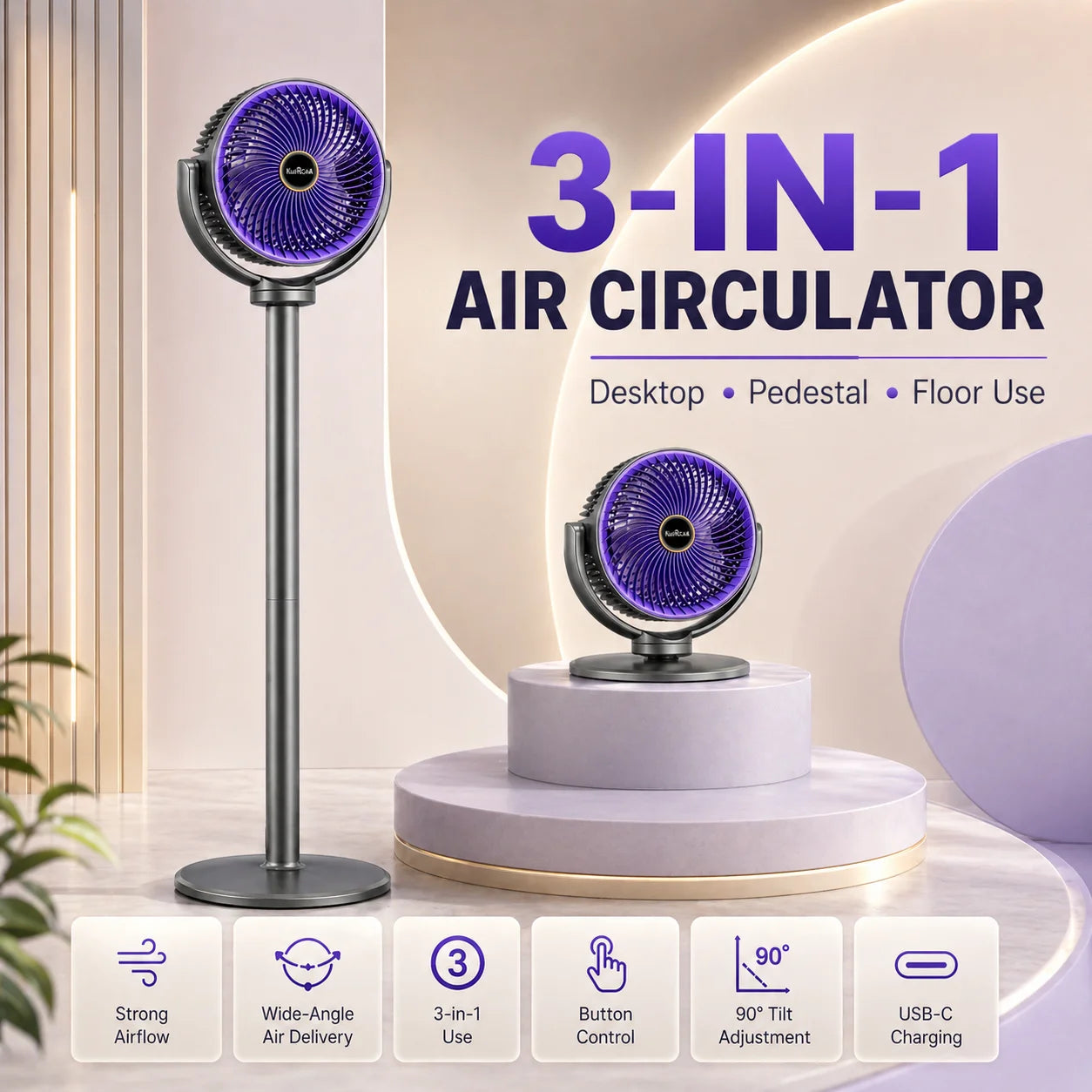 3-in-1 Portable Air Circulator Fan – 5-Speed Quiet Pedestal Stand Fan with USB-C Charging