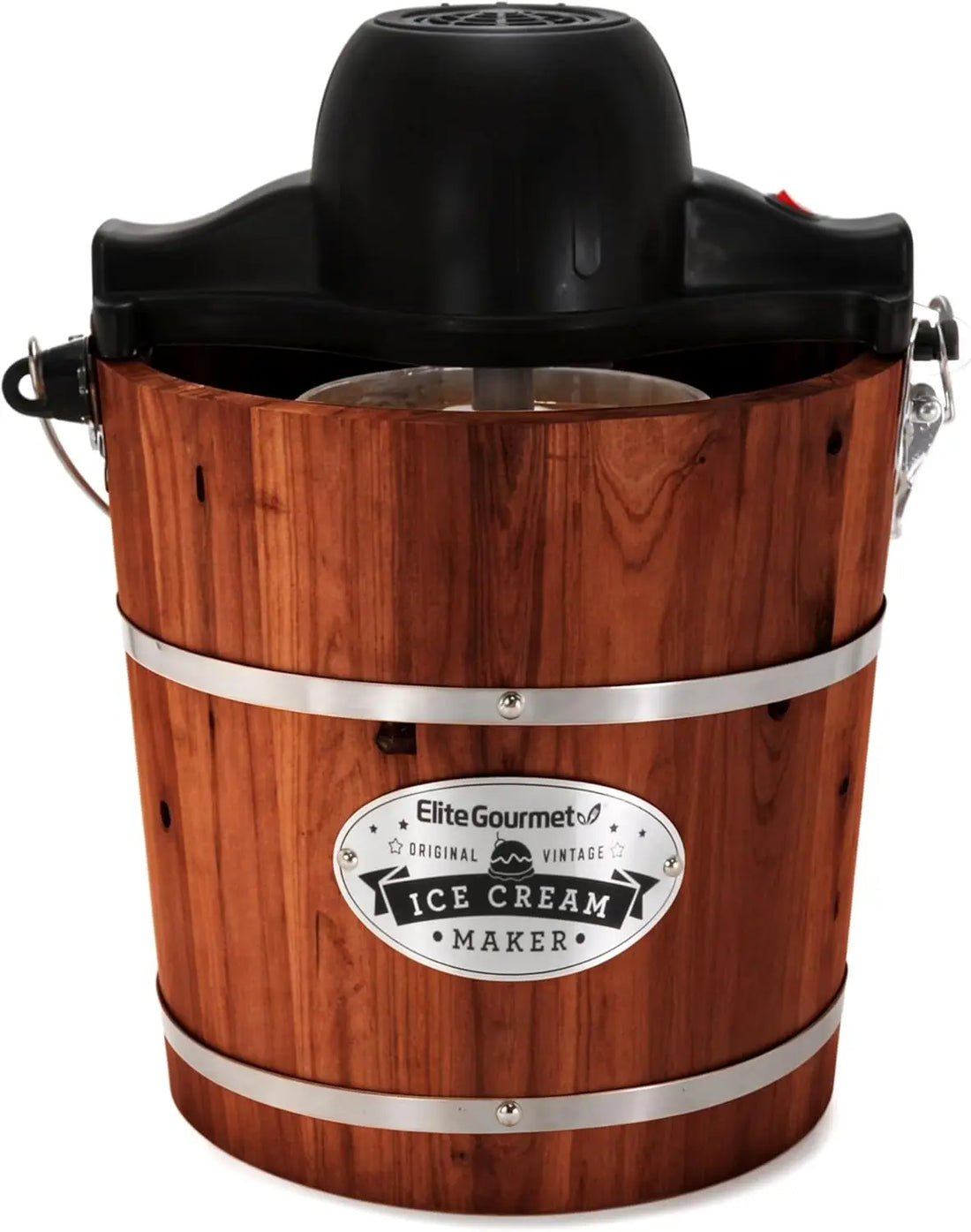 Vintage Walnut Wood Bucket Electric Ice Cream Maker, 4-Quart Capacity, Uses Ice and Rock Salt