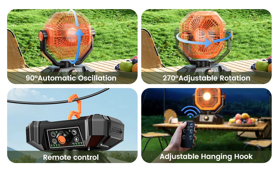 20000mAh Rechargeable Camping Fan – 8-Speed Portable Tent Fan with LED Lantern, Remote & Hook
