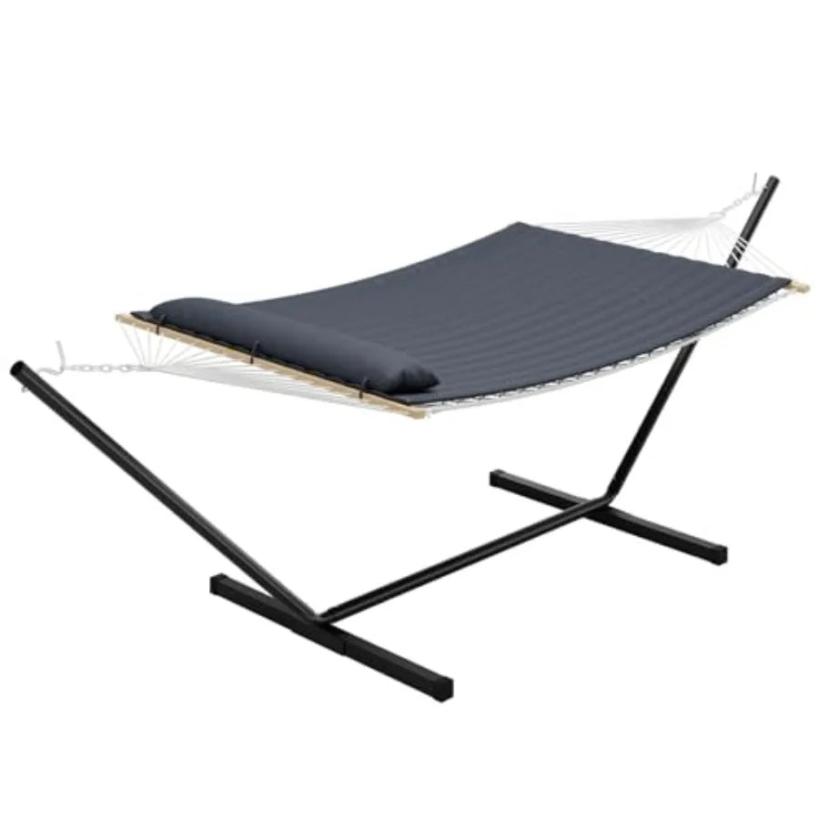 Heavy Duty Double Hammock with Steel Stand (475lb Capacity) – Breathable Cotton Rope Outdoor Hammock with Quilted Pad