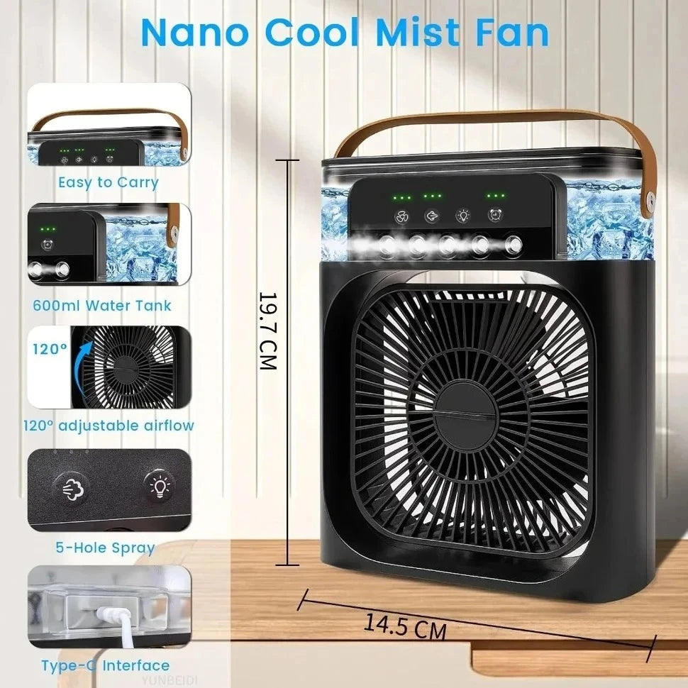 3-in-1 Portable Air Cooler Fan – LED Light, Humidifier & Water Spray Fan for Travel