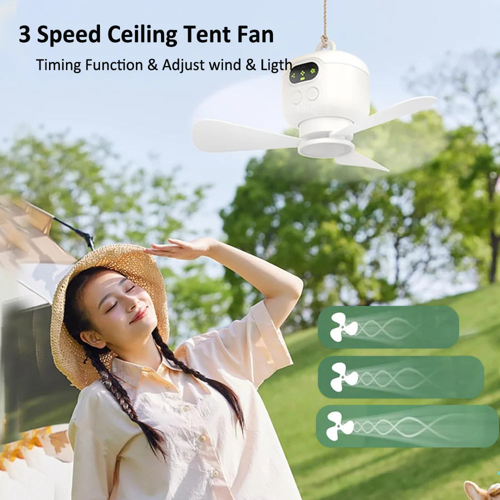 Portable Camping Tent Fan with LED Light – 8000mAh Rechargeable Ceiling Fan with Remote Control