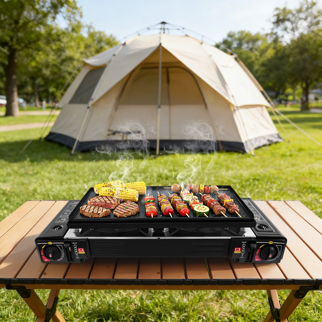 Portable Dual Burner Propane Camping Stove with Griddle