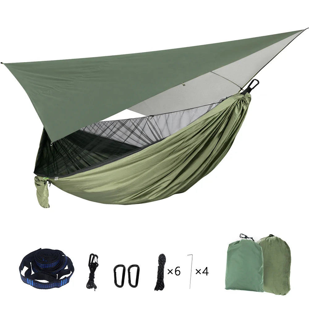 Heavy Duty Camping Hammock with Mosquito Net & Rain Fly – Waterproof Outdoor Survival Hammock System