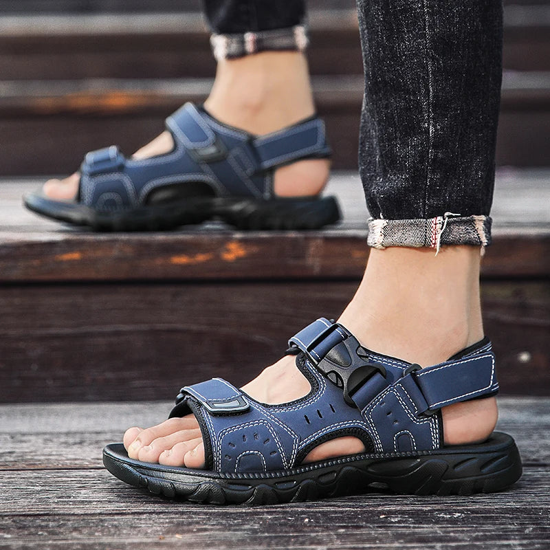 Men's Leather Hiking Sandals Lightweight Beach Walking Shoes