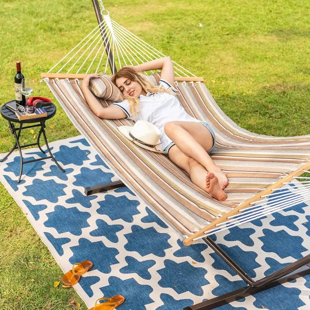 Heavy Duty Quilted Double Hammock with Stand (450lb Capacity) – Indoor & Outdoor Camping Hammock (Olive Green Stripes)