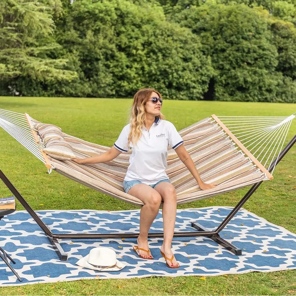 Quilted Double Hammock with Stand for Outdoor Use
