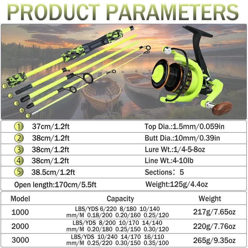 Portable 5-Section Fishing Rod & Reel Combo – Heavy Duty Spinning Fishing Set with 1000-3000 Reel